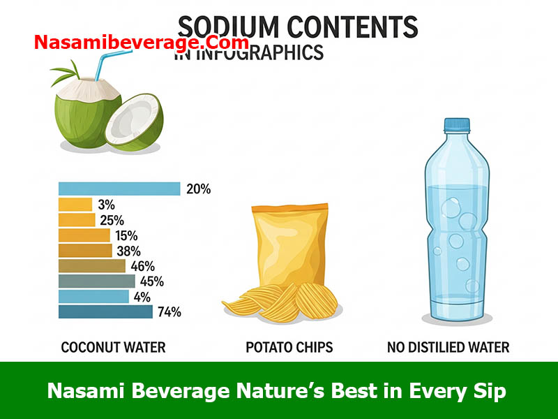 is coconut water high in sodium Visual comparison of sodium content: coconut water vs. potato chips vs. plain water.