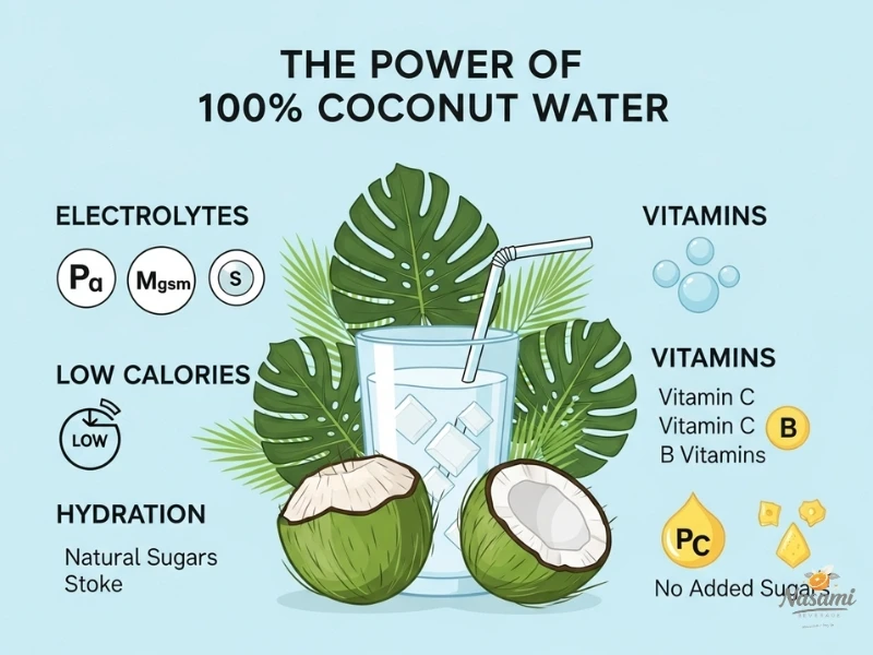 100% coconut water Infographic detailing the nutritional benefits of 100% coconut water, including electrolytes, low calories, and vitamins