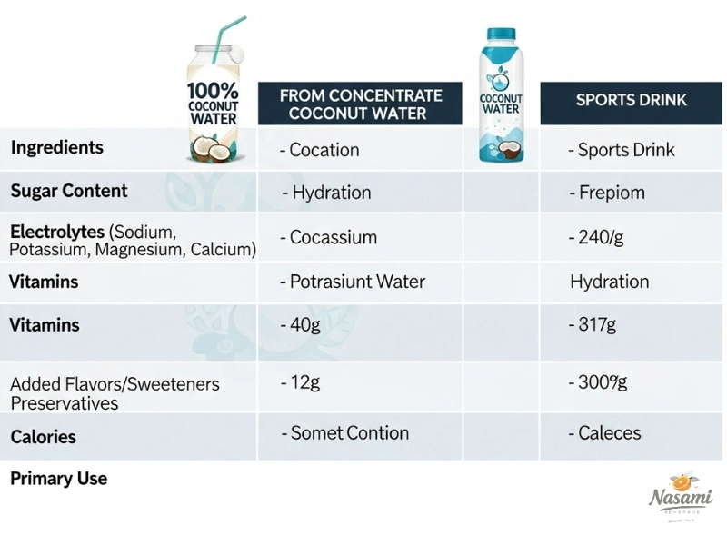 100% coconut water Comparison chart showing differences between 100% coconut water, from concentrate, and sports drinks