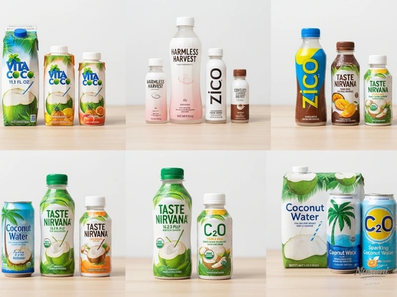 100% coconut water A gallery of product shots for Vita Coco, Harmless Harvest, Zico, Taste Nirvana, and C2O