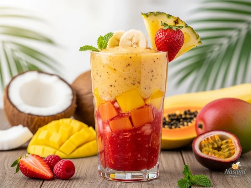 100% coconut water A vibrant smoothie made with 100% coconut water and fresh tropical fruits