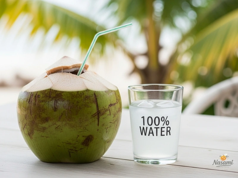 A fresh young coconut with a straw next to a glass of 100% coconut water