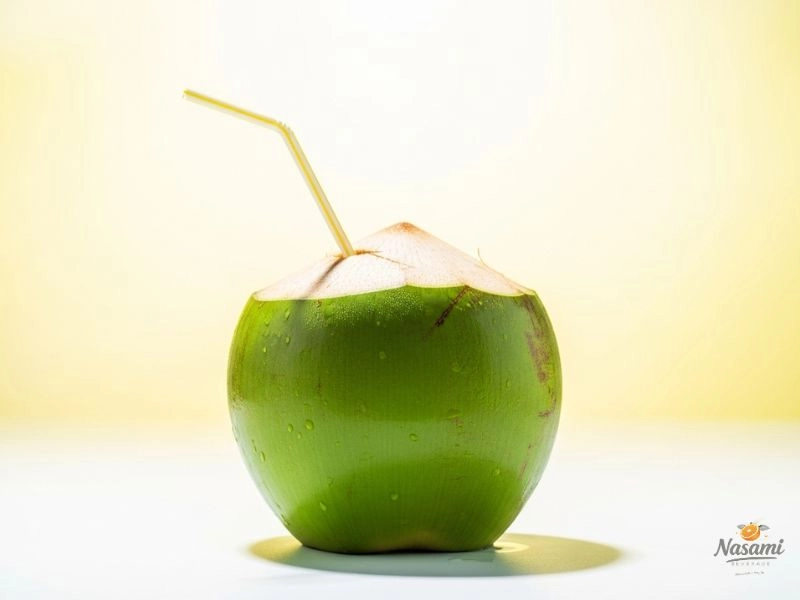 A fresh green coconut with a straw in it on a bright background.