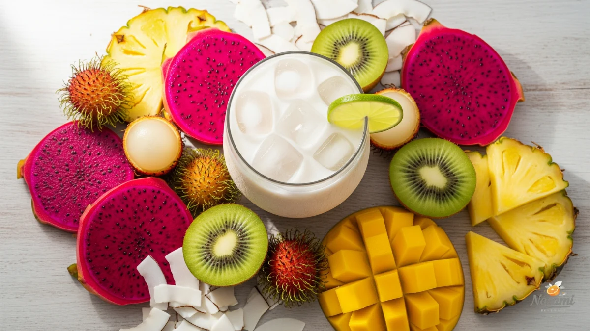A flat lay of coconut water in a glass alongside tropical fruits