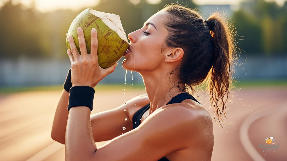 An action shot of someone drinking coconut water after a workout