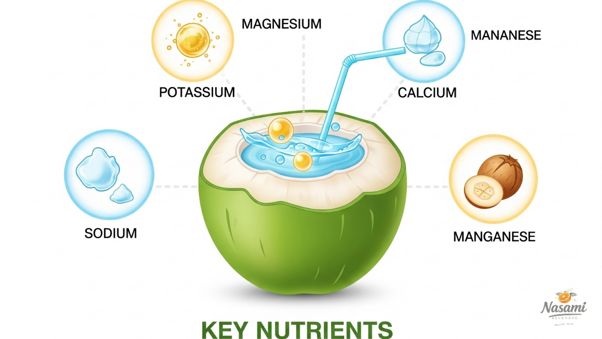 A graphic showcasing the key nutrients found in coconut water