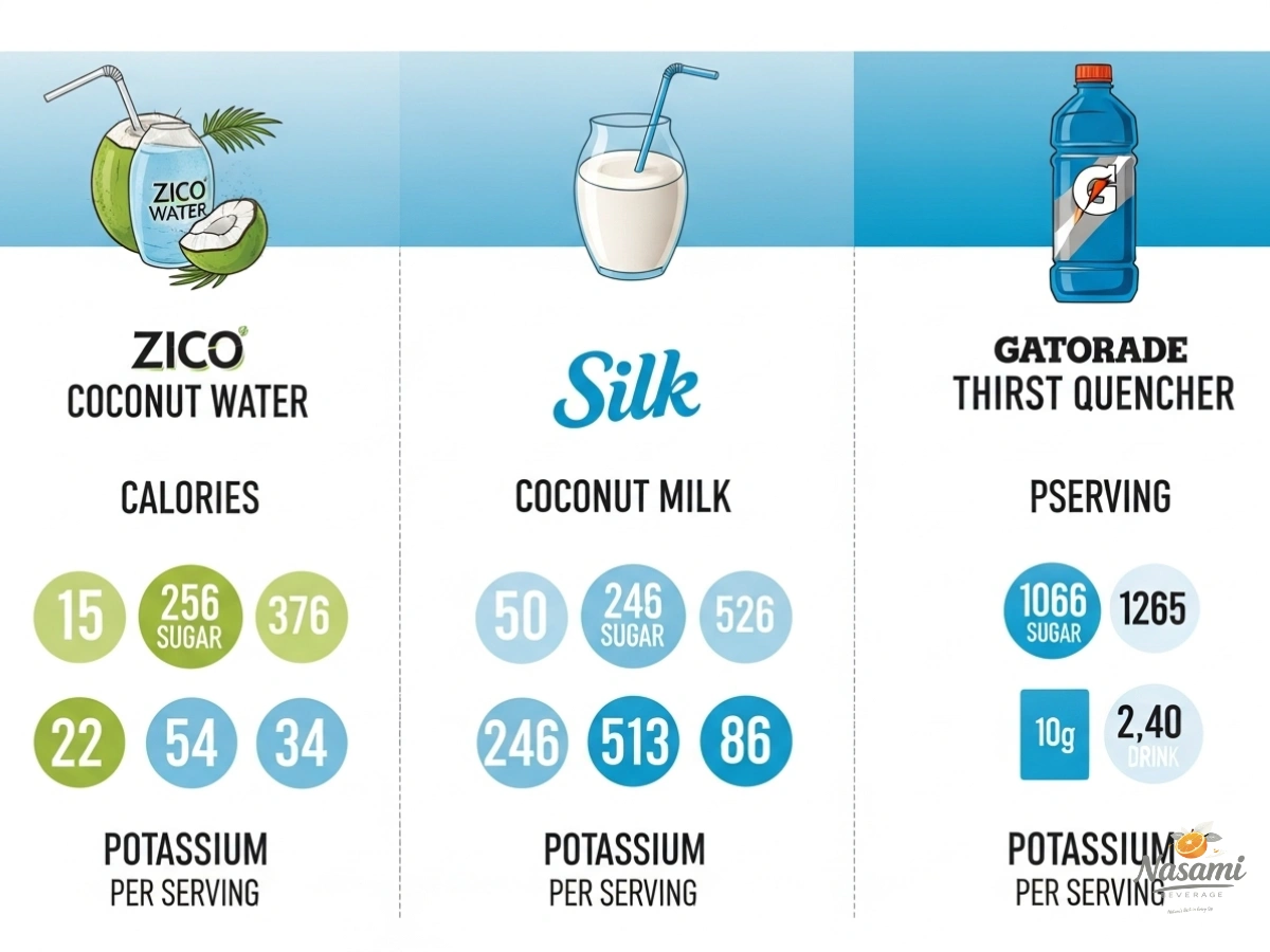 is coconut drink healthy An infographic comparing the nutrition facts of coconut water, coconut milk, and a sports drink, highlighting calories, sugar, and potassium