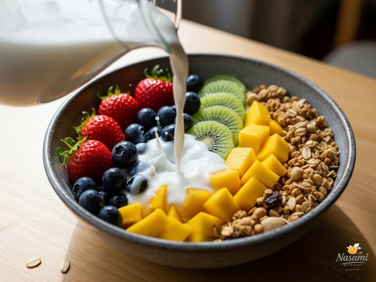 is coconut drink healthy Creamy white coconut milk being poured from a glass pitcher into a bowl of fresh fruit and granola