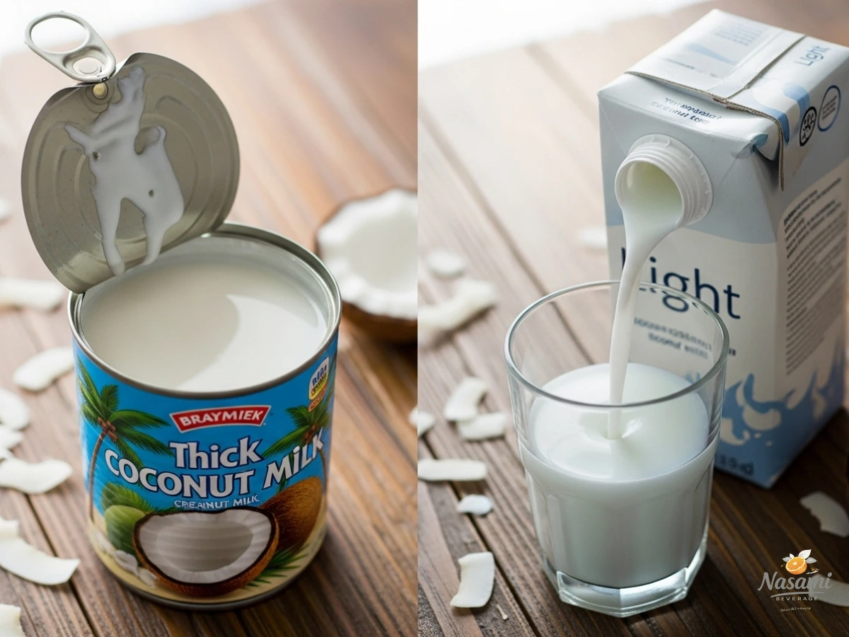 is coconut drink healthy A side-by-side comparison of thick coconut milk in a can and thinner coconut milk in a carton.