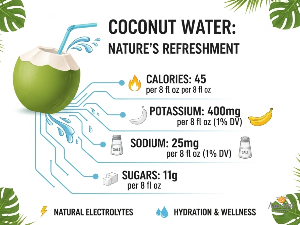 is coconut water healthy Infographic detailing the nutritional facts of coconut water, including calories, potassium, sodium, and sugar