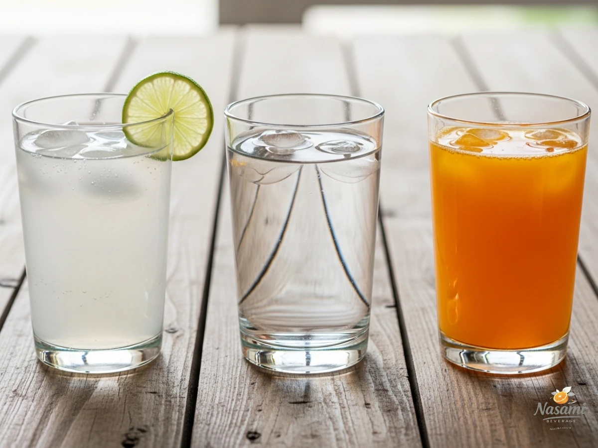 is coconut water healthy A side-by-side comparison of a glass of coconut water, a glass of water, and a colorful sports drink