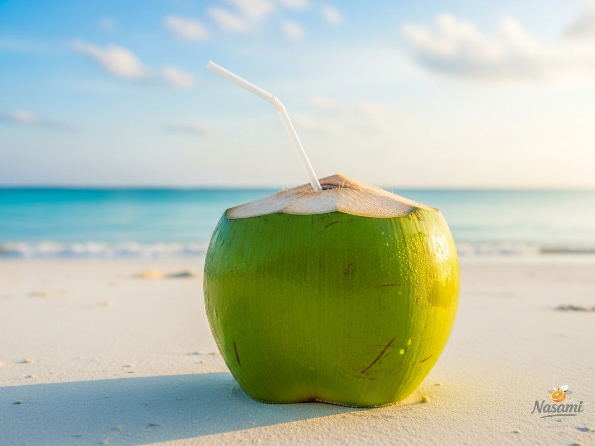 is coconut water healthy A fresh young green coconut with a straw in it, ready to drink