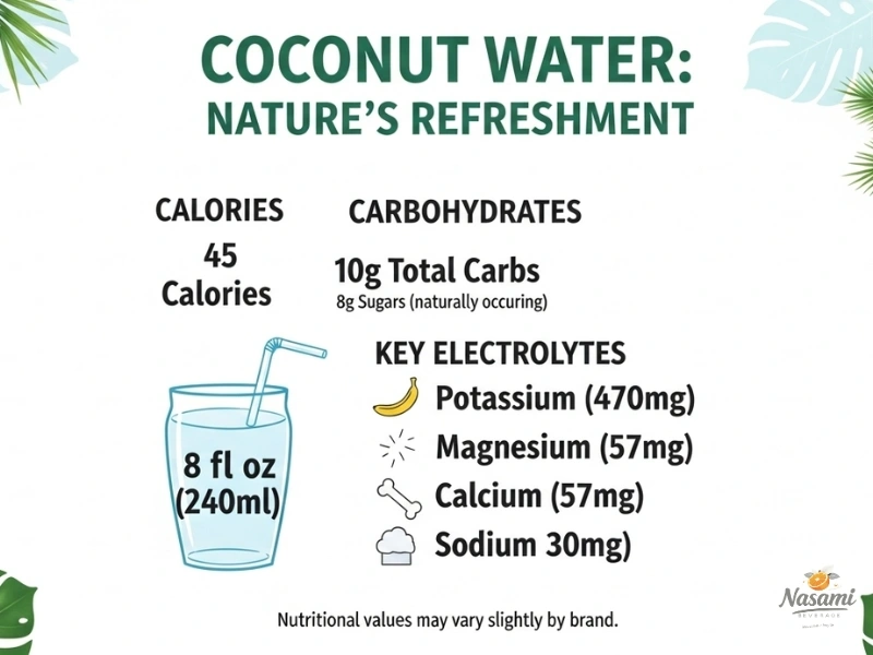 Plain coconut water Infographic detailing the nutritional facts of plain coconut water, showing calories, carbs, sugar, and key electrolytes.
