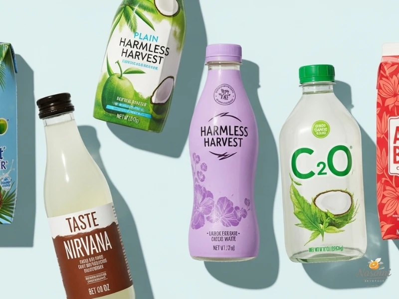 Plain coconut water A collage showing the bottles of five popular plain coconut water brands: Vita Coco, Harmless Harvest, C2O, Taste Nirvana, and Amy & Brian.