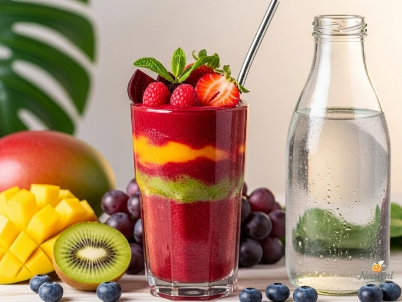 Plain coconut water A vibrant, healthy smoothie in a glass, with a bottle of coconut water and fresh fruits next to it.