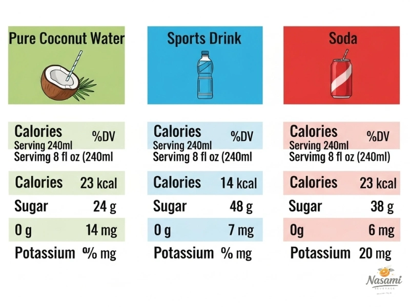 pure coconut water An infographic comparing the nutrition facts of pure coconut water, a sports drink, and a soda, highlighting calories, sugar, and potassium.