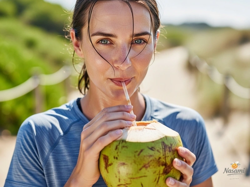 pure coconut water A healthy person looking refreshed while drinking coconut water after a workout.