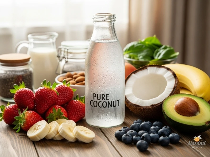 pure coconut water A bottle of pure coconut water next to fresh fruits and other smoothie ingredients on a table.