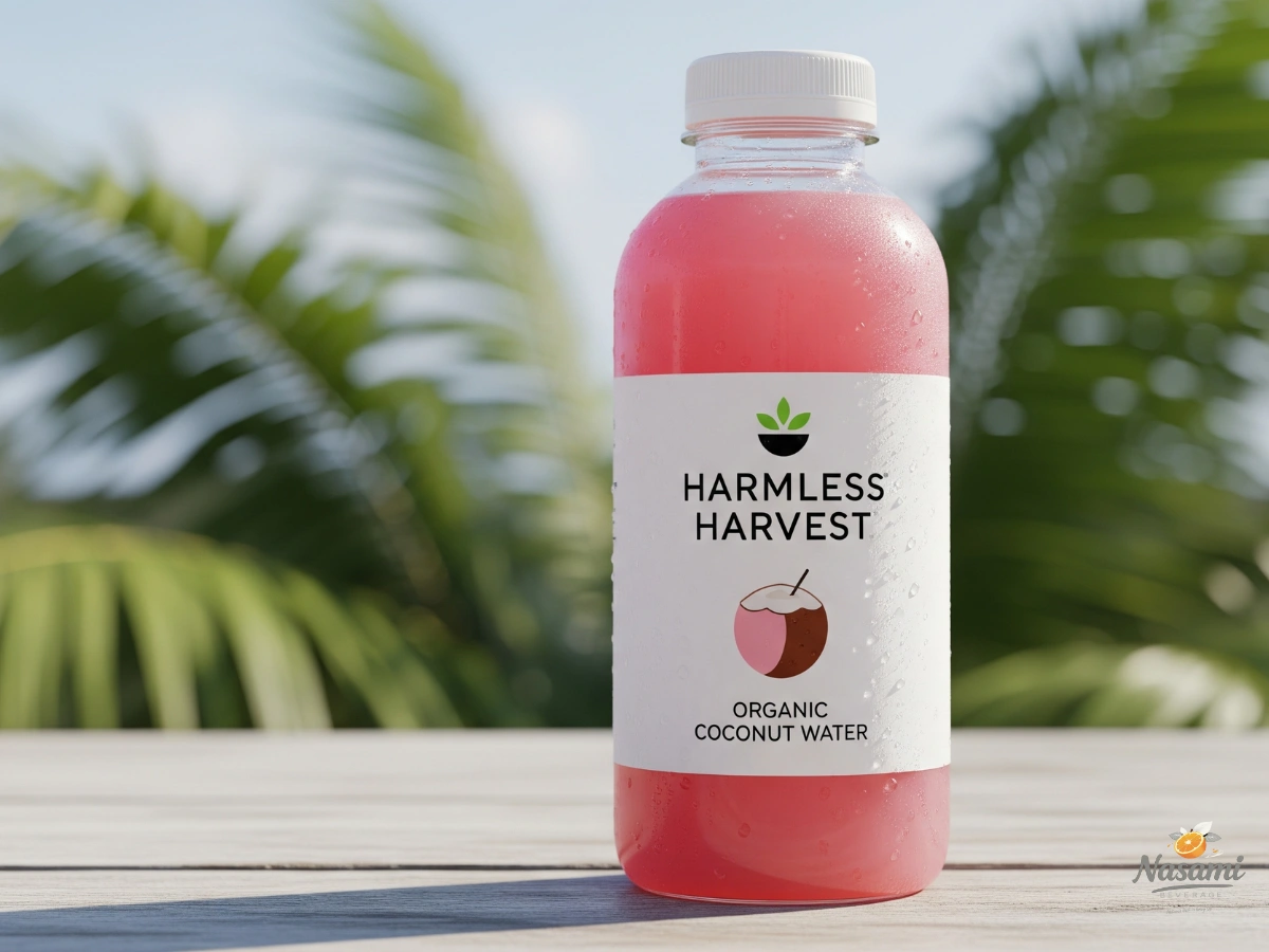 top coconut water brands A bottle of Harmless Harvest Organic Coconut Water showing its signature pink color