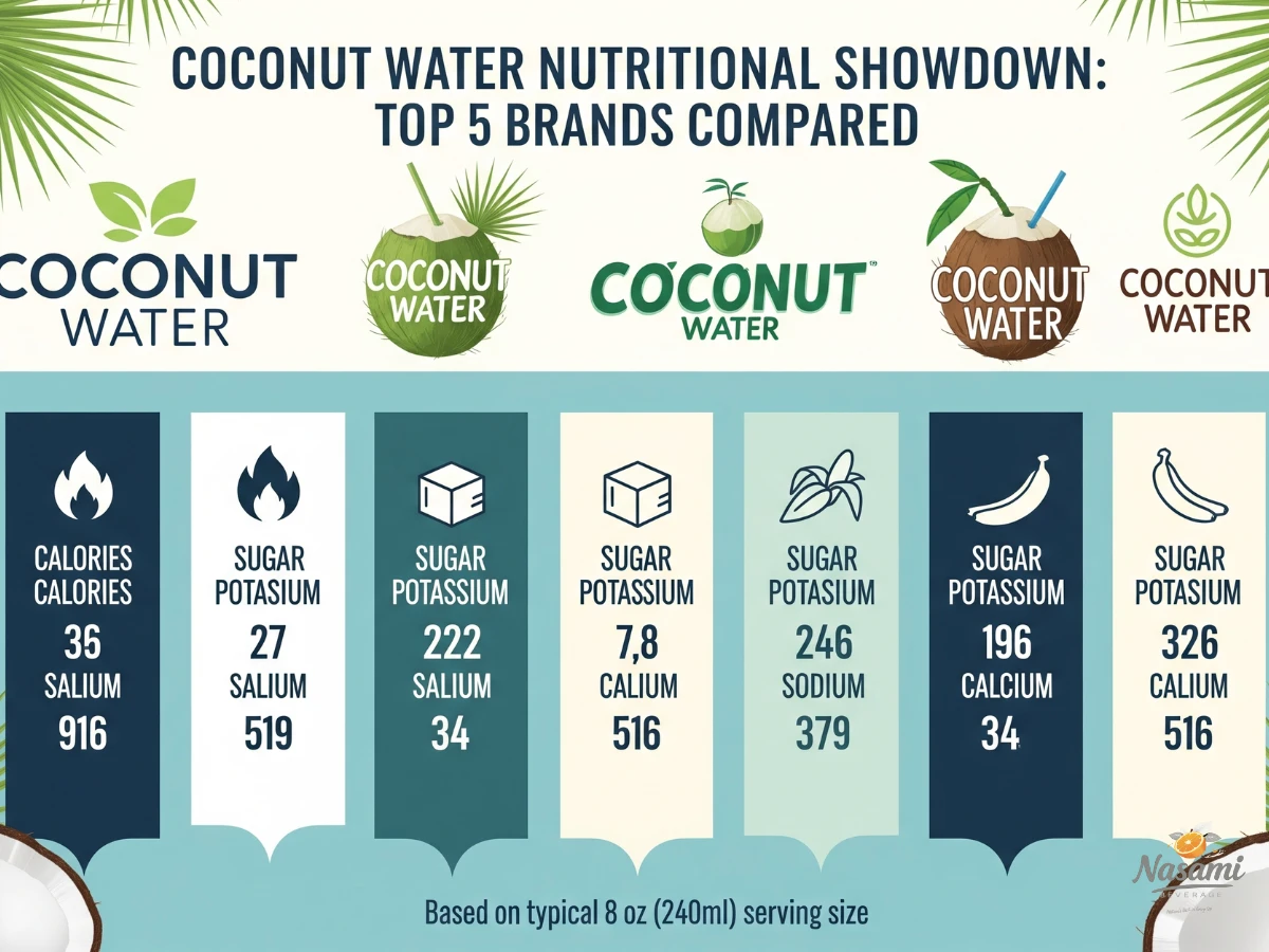 top coconut water brands Infographic comparing the nutritional facts of the top 5 coconut water brands
