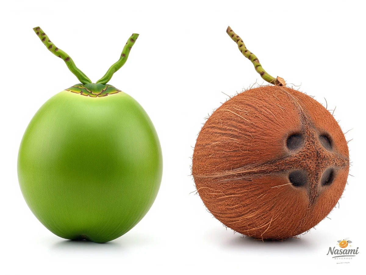 top coconut water brands An image showing the difference between a young green coconut and a mature brown one
