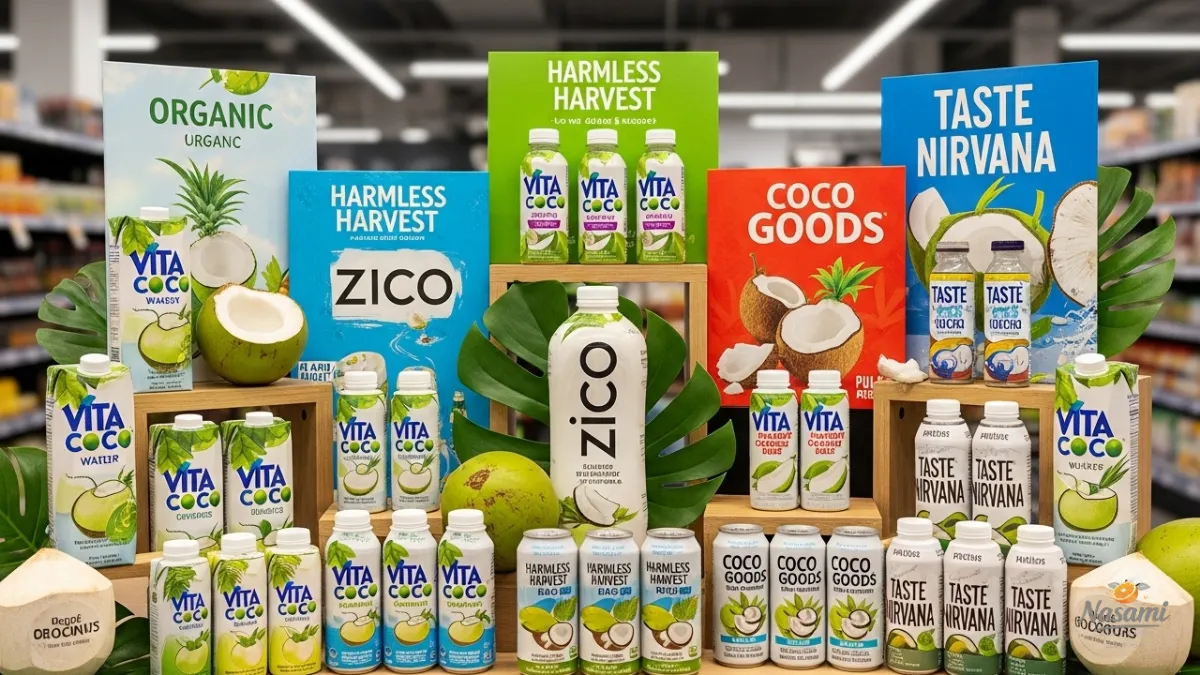 A vibrant display of the top coconut water brands for 2025