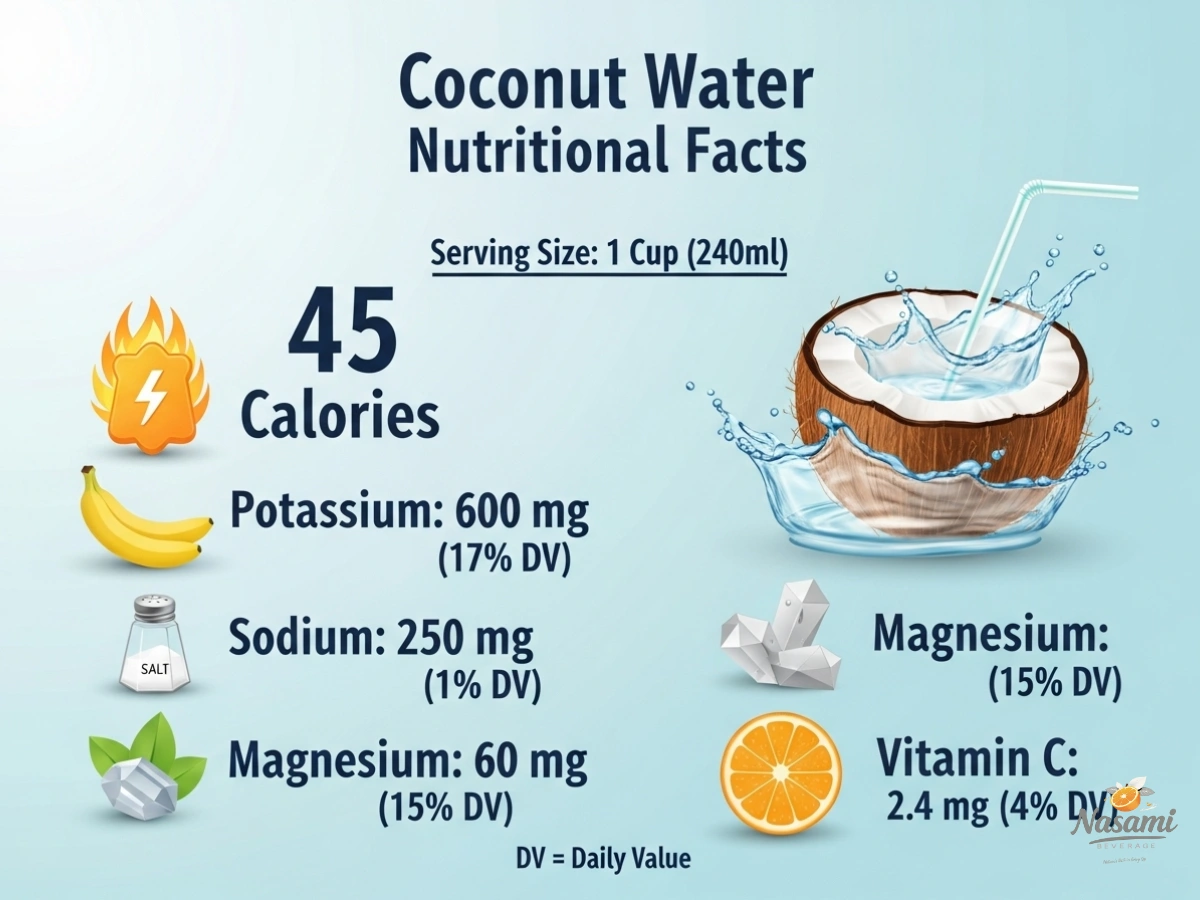 An infographic detailing the nutritional facts of coconut water, showing calories, potassium, sodium, magnesium, and Vitamin C content