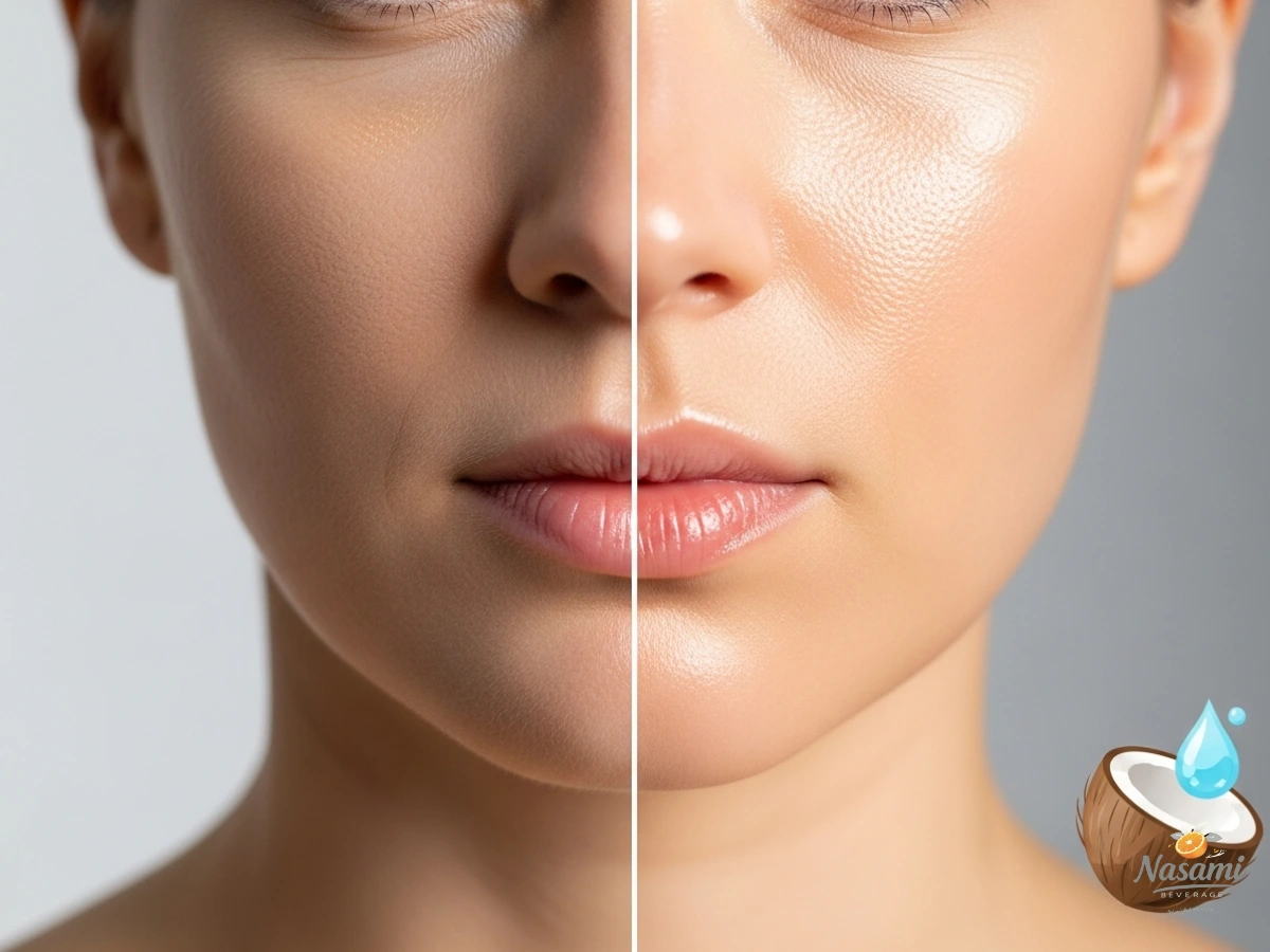A conceptual image split in two, one side showing dull skin and the other showing hydrated, glowing skin with a coconut icon