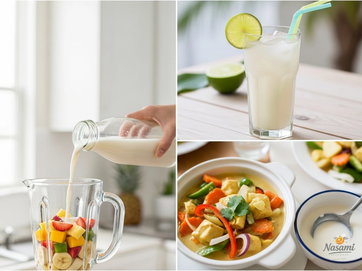 A collage of images showing different uses of coconut juice: in a glass with a straw, being poured into a blender for a smoothie, and as an ingredient in a light curry dish