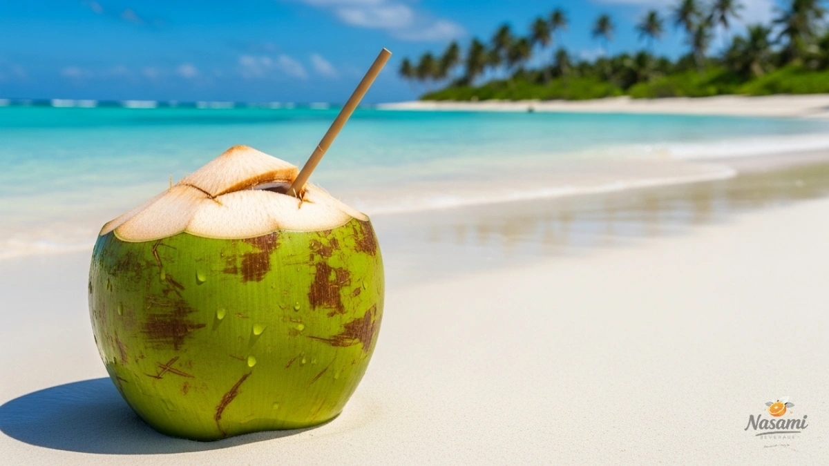 A fresh young green coconut with a straw, set against a tropical beach background